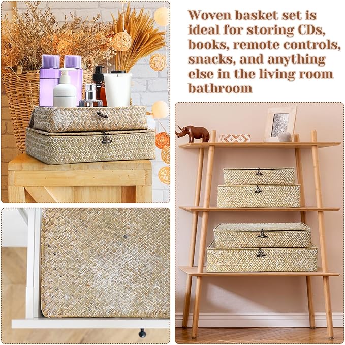 Didaey Set of 4 Seagrass Basket with Lid Wicker Storage Basket Decorative Storage Boxes with Lids Flat Storage Bins Woven Organizer Baskets for Shelf Closet Bedroom, 4 Sizes (White)