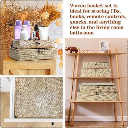 Didaey Set of 4 Seagrass Basket with Lid Wicker Storage Basket Decorative Storage Boxes with Lids Flat Storage Bins Woven Organizer Baskets for Shelf Closet Bedroom, 4 Sizes (White)