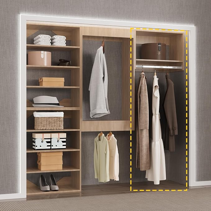 Tall Hanging Closet Unit, Modular System Organizer With Storage for Walk-In Closets, Clothing Rack Wardrobe for Hanging Clothes, Bedroom, Wood, 19.5"W