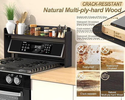 MyLifeUNIT Over The Stove Shelf, 31.5" Wood Stove Top Shelf for Back of Gas Stove, Electric Stove or Curved Stove Spice Rack Shelf for Countertop, Black