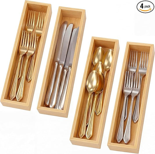 4 Pcs Bamboo Drawer Organizer Stackable Utensil Organizer for Kitchen Bamboo Storage Box Wood Silverware Tray for Drawer, Dresser, Bathroom 12" x 3" x 2"