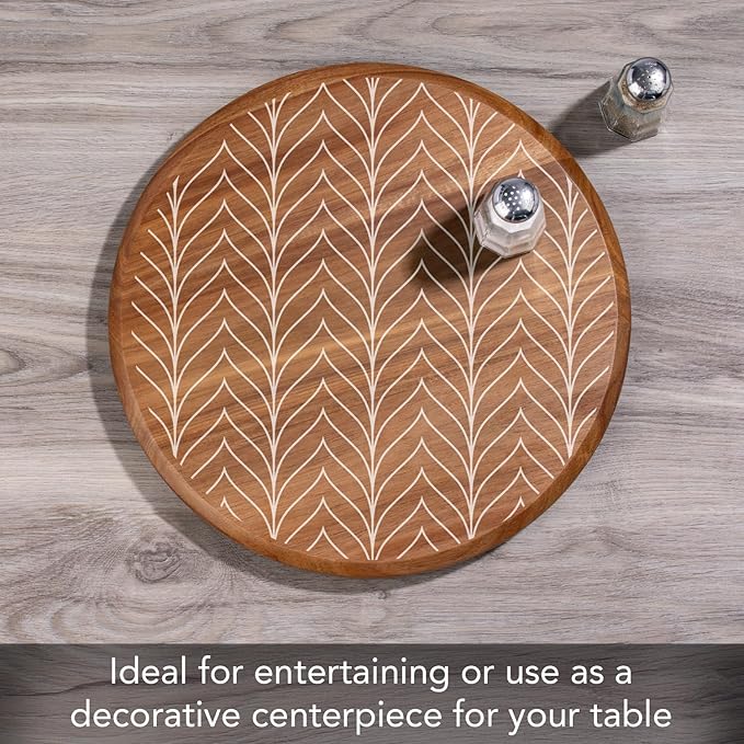 CounterArt Decorative Round Natural Wood Lazy Susan Turntable 14" Diameter Condiment Caddy, Cheese Server, Cake Plate, Spice Organization (White Chevron)