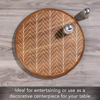 CounterArt Decorative Round Natural Wood Lazy Susan Turntable 14" Diameter Condiment Caddy, Cheese Server, Cake Plate, Spice Organization (White Chevron)
