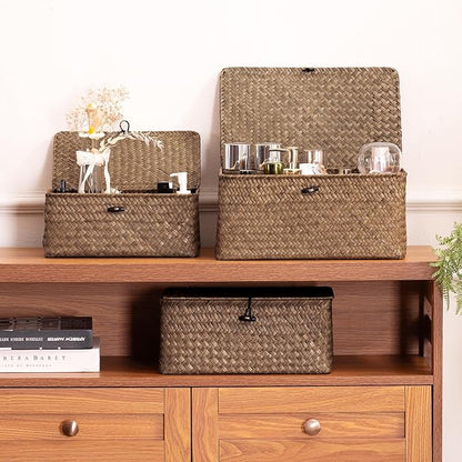 Nonam Storage Basket with Lid, Natural Seagrass Bin with Lid Set of 2, Shelf Baskets Multipurpose Container for Boho Decoration, Rectangular Household Storage Boxes for Home Organization-Coffee