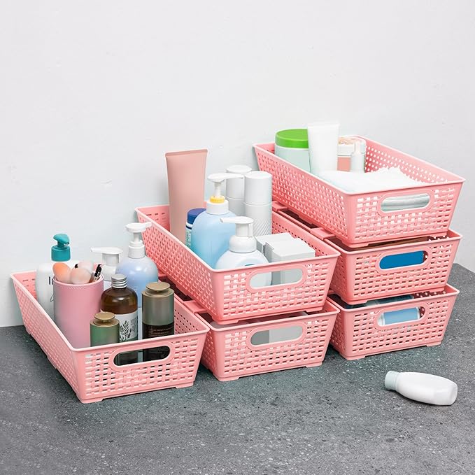 Tiawudi Stackable Woven Plastic Basket, Storage Bins for Cabinet, Closet, Shelf, Under Sink and Countertop, Pantry Organizer Bins, 6 Pack