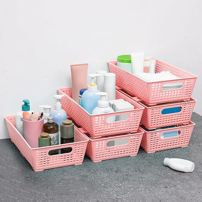 Tiawudi Stackable Woven Plastic Basket, Storage Bins for Cabinet, Closet, Shelf, Under Sink and Countertop, Pantry Organizer Bins, 6 Pack