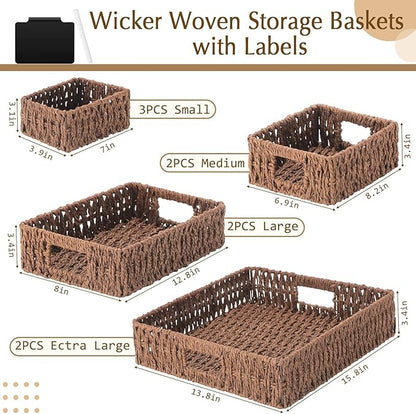 Marsui 9 Pcs Paper Rope Storage Baskets with Handle Labels Handwoven Multi-size Brown Storage Bins for Organizing Small Baskets Container for Shelves Closet Pantry Toilet