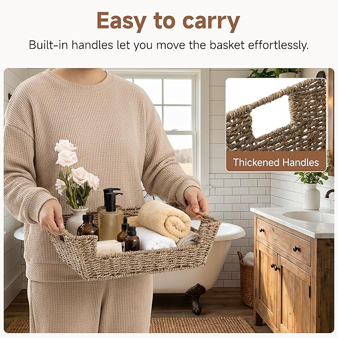 StorageWorks Seagrass Baskets for Organizing with Built-in Handles, Stackable Wicker Pantry Baskets for Shelf, Pantry Organizers and Storage for Shelves,2-Pack