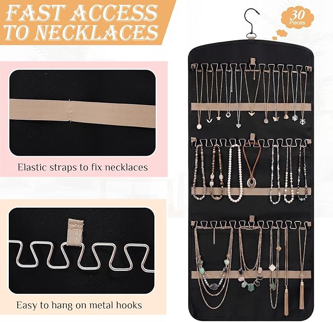 4 Pack Hanging Jewelry Organizer Storage with 39 Pockets, 30 Necklace Hooks Double Sided Wall Mount Earring Holder Organizer Bracelet Necklace Jewelry Display Hanger for Closet Door (Black)
