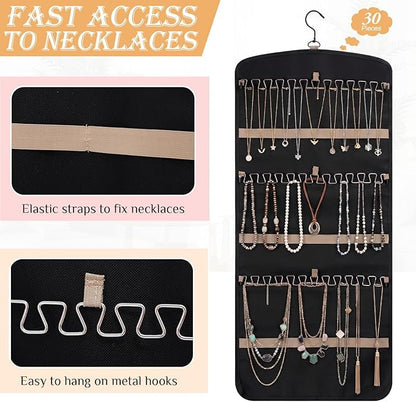 4 Pack Hanging Jewelry Organizer Storage with 39 Pockets, 30 Necklace Hooks Double Sided Wall Mount Earring Holder Organizer Bracelet Necklace Jewelry Display Hanger for Closet Door (Black)