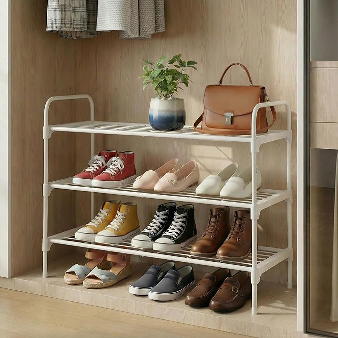 3-Tler Shoe Rack Organlzer, Rustproof lron, Spaclous Shoe Storage Shelf for Closet or Entryway, Fits Sneakers & Slippers, White