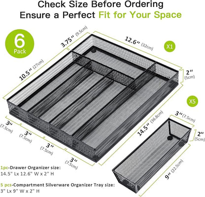 Neudeco Drawer Organizer Set 6 Pack - 5-Compartment Silverware Organizer Tray + 5 Utensil Trays, Kitchen Drawer Organizer for Flatware, Cutlery, Office Supplies, Black Mesh, Non-Slip.