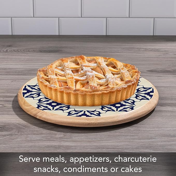 CounterArt Decorative Round Natural Wood Lazy Susan Turntable 14" Diameter Condiment Caddy, Cheese Server, Cake Plate, Spice Organization (Blue Tile Floral)