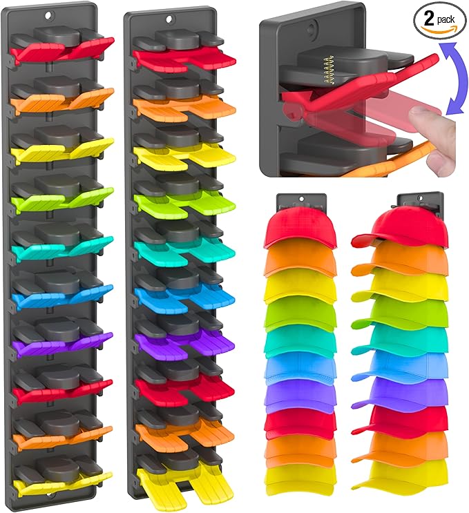 Hat Organizer for Baseball Caps 2 Packs with Built-in Spring Clips - Wall Mount Closet Hat Rack Holder, Adjustable Storage for Door/Closet Display Hat Racks Hanger (Strong Adhesive & Screws)
