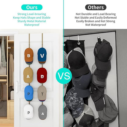 HapiRm Over Door Hat Rack - 2 Packs Hat Organizer with 8 Hooks Design, Hanging Baseball Cap Organizer Storage Holds Up to 40 Caps for Door, Bedroom, Closet (Gold)