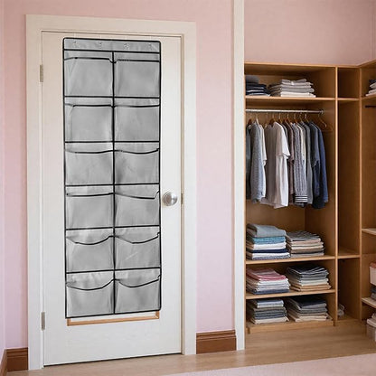 1 Pack 12 Breathable Mesh Pockets Large Hanging Shoe Organizer Over The Door Shoe Rack for Closet Door Storage Shoe Holder Hanger, 4Hooks, Grey (59'' x 21.6'')