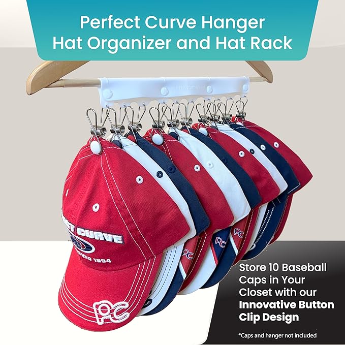 Perfect Curve Baseball Cap Hanger - Store 10 Caps with Button Clips, Silicone & Metal Construction, White, 1-Pack