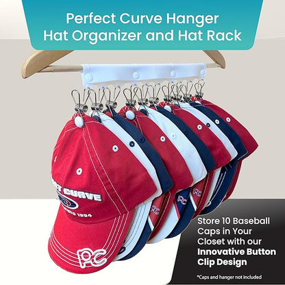 Perfect Curve Baseball Cap Hanger - Store 10 Caps with Button Clips, Silicone & Metal Construction, White, 1-Pack