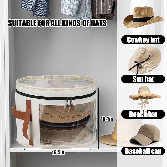 Veki Hat Organizer, Hat Box for Women Storage, Large Clear Felt Hats Box, Wide Brim Cowboy Hats Storage Boxes for Men, Round Brim Cap Boxes With Dustproof Lid for Travel and Wardrobe (White)