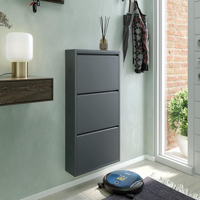 CEHA 3 Tier Metal Shoe Cabinet with Cover, Durable Shoe Storage Organizer for Entryway, Space Saving Shoe Shelf Closet with Side Ventilation Holes, 5.91" x 40.6" x 19.68", Anthracite