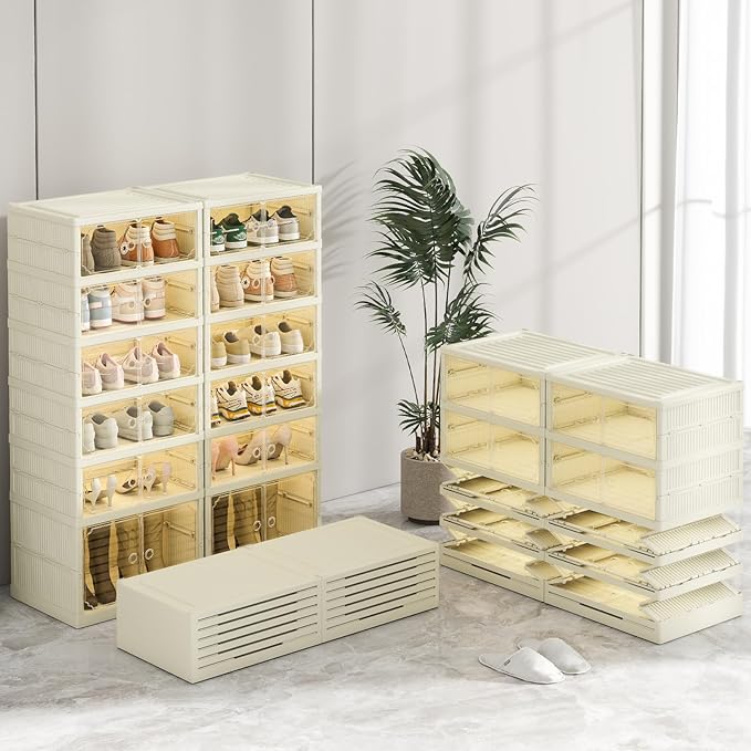Dimmeda 6 Tiers Foldable Shoe Rack Organizer for Closet with Wheels, 24Pairs Plastic Collapsible Shoe Shelf for Front Door Entrance Stackable Clear Folding Shoes Storage Boxes Tall Shoe Cabinet