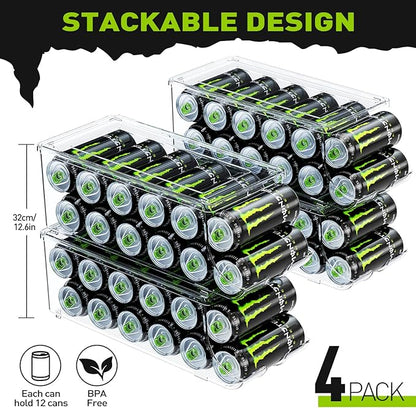 SCAVATA 4 Pack Tall Skinny Can Organizer for Refrigerator, Stackable Large Soda Cans of 16oz & 17oz Beverage Energy Drink Container Holder Dispenser with Lid for Fridge, Clear Storage Plastic Bins
