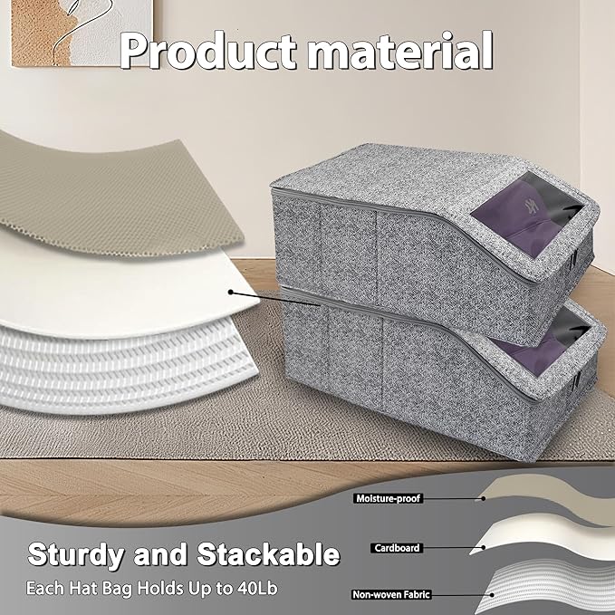 Stackable Hat Storage for Baseball Caps, Holds up to 30 Caps with Cardboard, Hat Organizer for Women & Men, 2 PCS Hat Storage Boxes for Closet, Spotted Gray