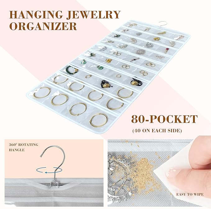 Hanging Jewelry Organizer for Closet Wall Door Double-Sided Jewelry Holder for Earrings, Necklaces, Rings 1 Pcs (White)