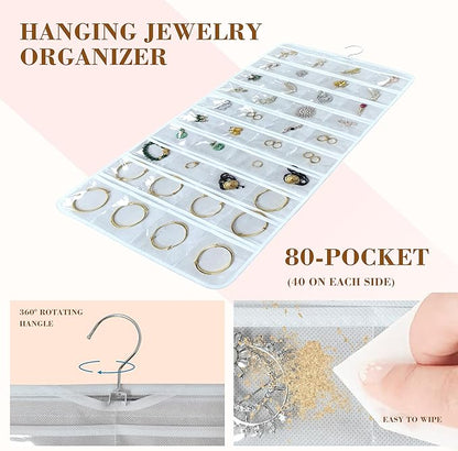 80 Pocket Hanging Jewelry Organizer with Hanger Metal Hooks Storage On Wall Door Closet Double-Sided(Each Side 40 Pockets) Jewelry Holder for Earrings, Necklaces, Rings (White+White)