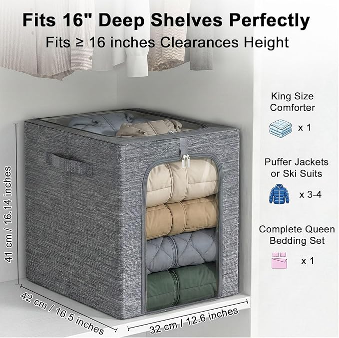GoMaihe Blanket Storage Bins with Metal Frame, 6-Pack Large Closet Storage Bins with Lid & Clear Window, Comforter Bedding Storage Organizer for Walk-in Closet Cationic Fabric 55L