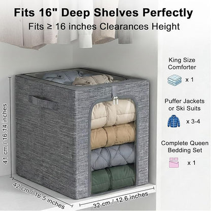 GoMaihe Blanket Storage Bins with Metal Frame, 6-Pack Large Closet Storage Bins with Lid & Clear Window, Comforter Bedding Storage Organizer for Walk-in Closet Cationic Fabric 55L