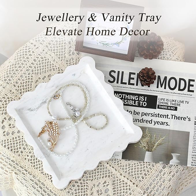 Square Marble Vanity Tray with Scalloped Edge - Natural Marble Perfume Tray Decor for Dresser, Vanity, Kitchen, Home Decor, Decorative Square Stone Tray - White 8 * 8 inch
