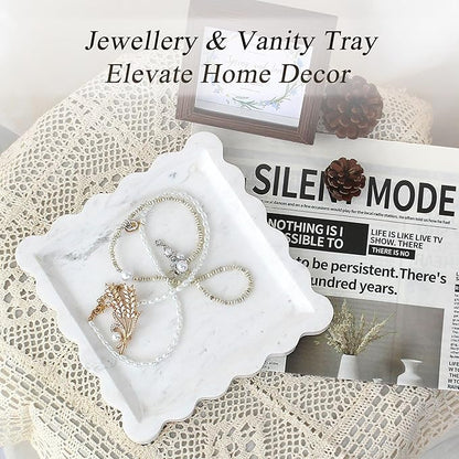 Square Marble Vanity Tray with Scalloped Edge - Natural Marble Perfume Tray Decor for Dresser, Vanity, Kitchen, Home Decor, Decorative Square Stone Tray - White 8 * 8 inch