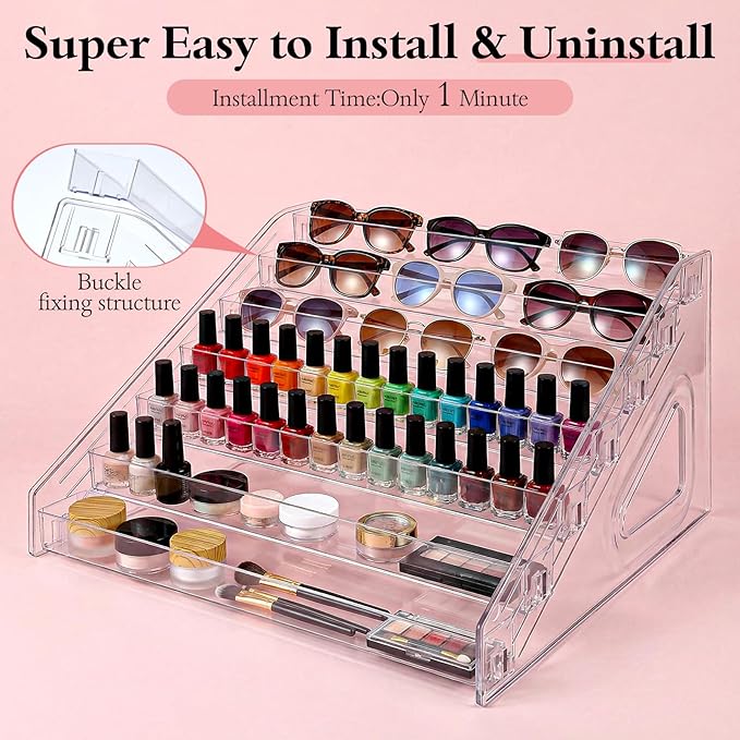 2 Pcs 7 Layers Nail Polish Organizer, Clear Plastic Nail Polish Stand Large Essential Oil Storage Holder for Cosmetic, Eyeglasses, Perfume, Jewelry, Lipstick