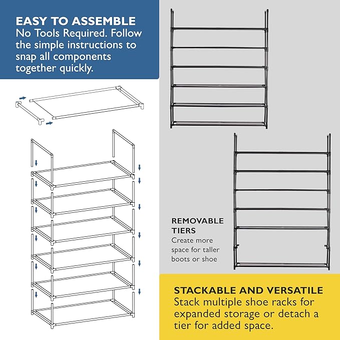 Sundaze Shoe Rack - 6 Tier Shoe Rack for Front Door Entrance, Sturdy Tall Shoe Organizer for Closet, Bedroom, Entryway, Garage, Non Woven Fabric Shelf, Black, Holds Up to 30 Pairs