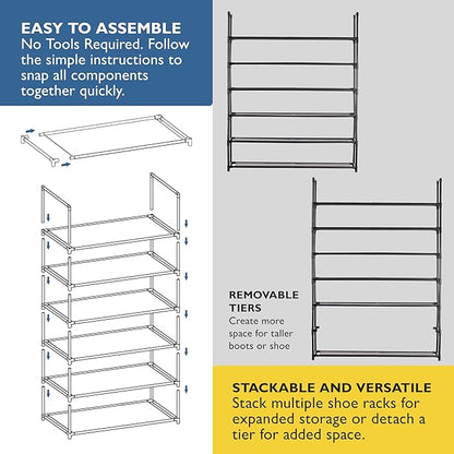 Sundaze Shoe Rack - 6 Tier Shoe Rack for Front Door Entrance, Sturdy Tall Shoe Organizer for Closet, Bedroom, Entryway, Garage, Non Woven Fabric Shelf, Black, Holds Up to 30 Pairs