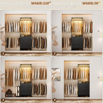 Aheaplus Closet System with Motion-Sensing Light, 3 Wooden Drawers and 4 Hanging Rods, Customizable Walk-in Closet Organizer with 3CCT LED, Heavy Duty Garment Rack for Bedroom,Black
