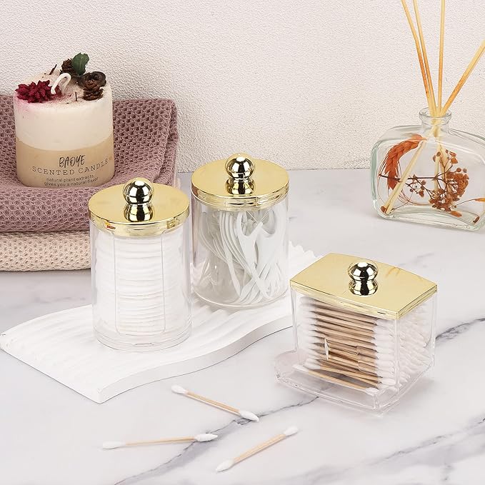 Tbestmax 3 Pack Qtips Dispenser - Bathroom Organizers and Storage Containers, Plastic Apothecary Jars with Gold Lids for Cotton Ball Swab Round Pads, Floss - Gold