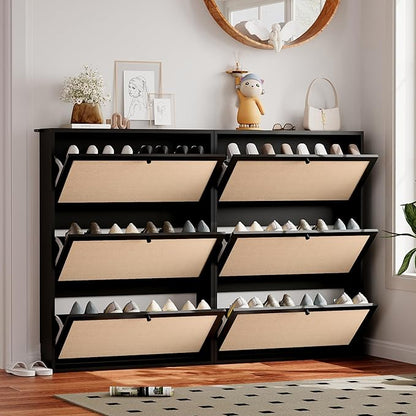 AVZEAR Narrow Shoe Storage Cabinet for Entryway with Natural Linen Panel, Freestanding Slim Shoe Cabinet with 3 Flip Drawers, Wood Shoe Organizer Closed Shoe Rack for Hallway, Living Room(Black)