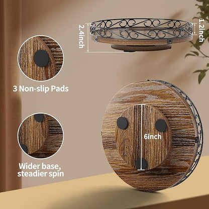 9" Lazy Susan Turntable Organizer for Table Top, Round Wooden Lazy Susan for Cabinet, Farmhouse Decorative Tray for Coffee Table, Kitchen Organizer Countertop, Center Piece Decor, Rustic Brown
