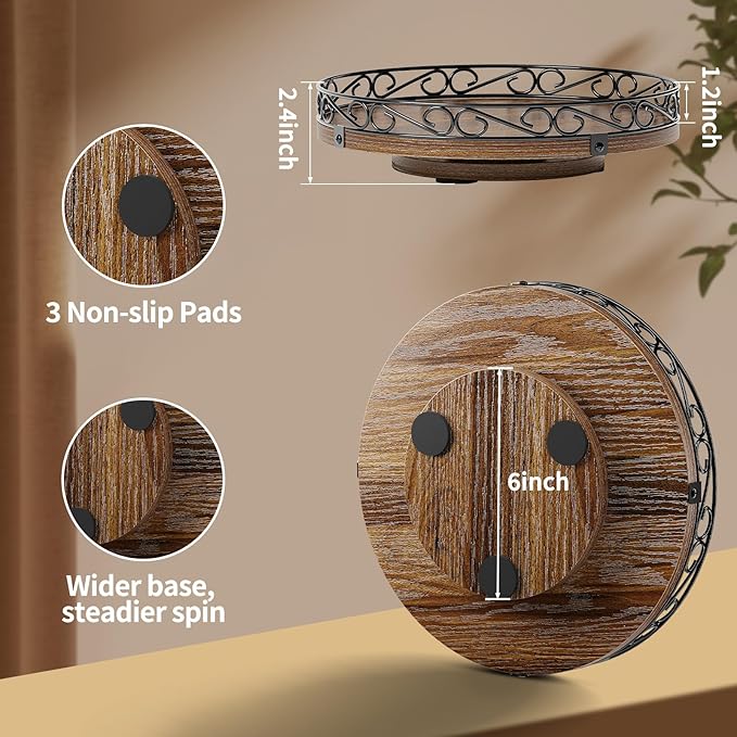 12" Lazy Susan Turntable Organizer for Table Top, Round Wooden Lazy Susan for Cabinet, Farmhouse Decorative Tray for Coffee Table, Kitchen Organizer Countertop, Center Piece Decor, Rustic Brown