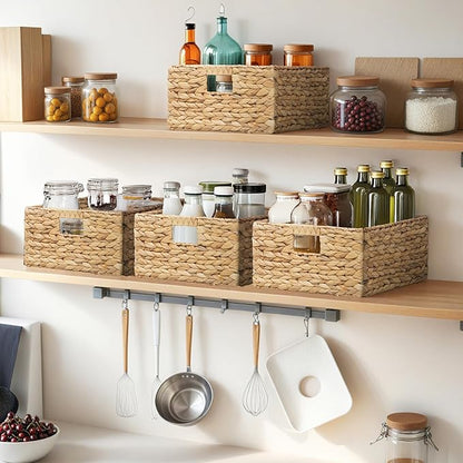eHemco Rectangular Woven Hyacinth Wicker Pantry Storage Baskets with Iron Wire Frame, 13.25"x9"x7", Natural, Set of 2