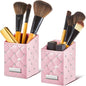 ReliThick 2 Pcs Pink Makeup Brush Holder, Crystal Bling PU Leather Vanity Organizer, Waterproof Glitter Cosmetic Brush Cup for Dresser Countertop Decor Gift for Women