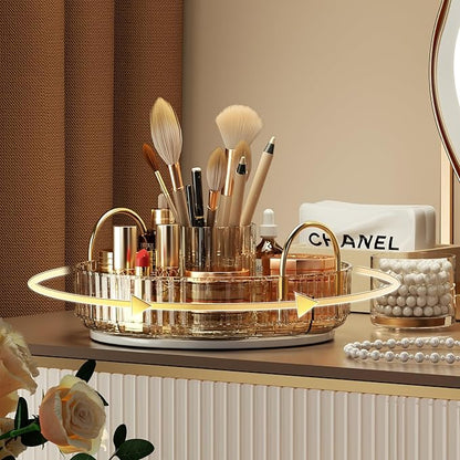 YCIA&DONE Rotating Makeup Organizer for Vanity, Large Capacity Make Up Storage Skin care Shelf Perfume Holders Cosmetic Dresser Organizer Countertop Spinning 360 (Amber Gold, 1Tier)