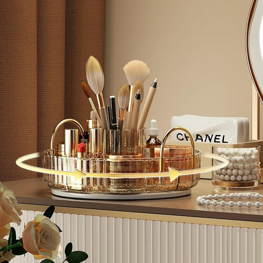 YCIA&DONE Rotating Makeup Organizer for Vanity, Large Capacity Make Up Storage Skin care Shelf Perfume Holders Cosmetic Dresser Organizer Countertop Spinning 360 (Amber Gold, 1Tier)