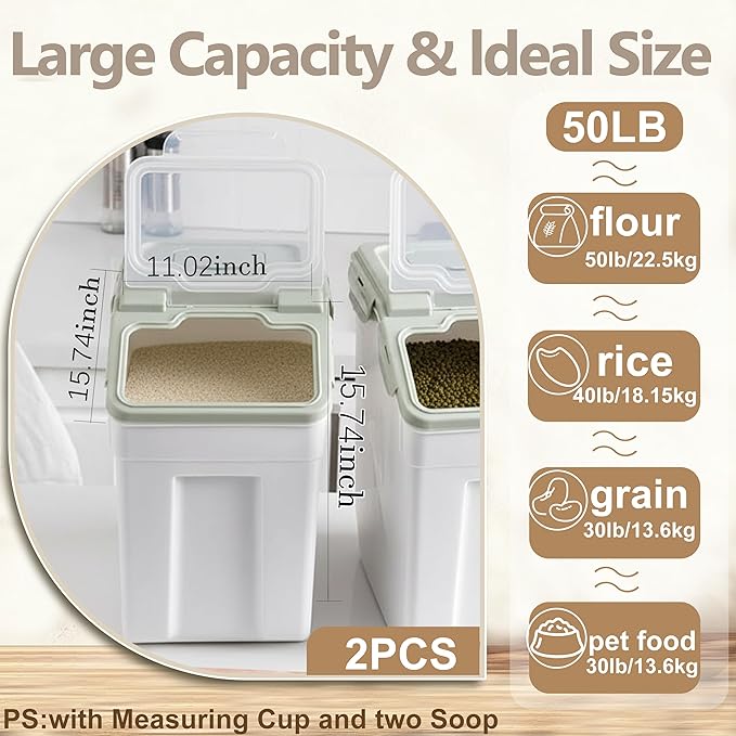 RUIAN 2Pcs Large Flour Storage Container Bin 50Lb Airtight Rice Storage Containers with Wheels Seal Locking Lid, BPA Free with Measuring Cup&Scoop for Flour, Rice, Grain 100LBS Total (Green)