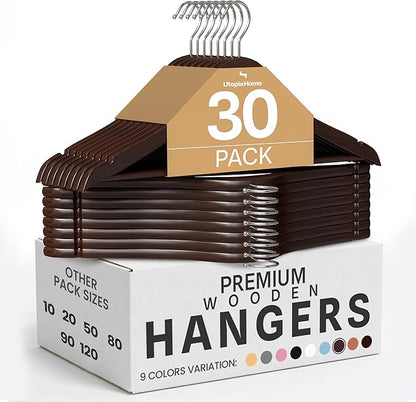 Utopia Home Premium Wooden Hangers 30 Pack - Durable & Slim Coat Hanger - Suit Hangers with 360-Degree Rotatable Hook - Wood Hangers with Shoulder Grooves (Brown)
