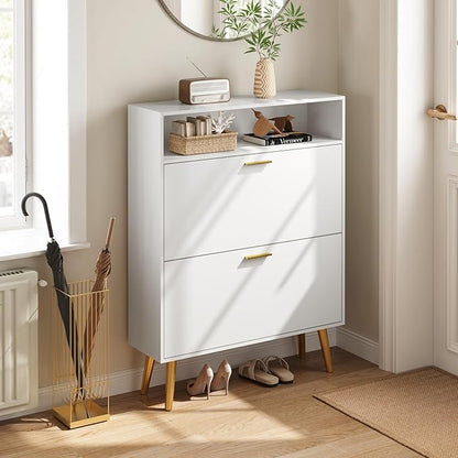 Shoe Cabinet Storage for Entryway, White Shoe Organizer with 2 Flip Drawers & Open Shelf, Freestanding Hidden Large Shoe Storage Cabinet (1pc-White, 2 Flip Drawers with Shelf)