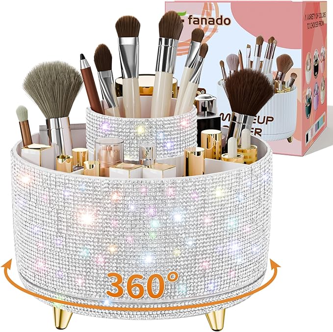fanado Bling Diamond Makeup Brush Holder, 360° Rotating Makeup Organizer, 5 Slot Make up Brushes Cup for Countertop, Storage for Cosmetics Pen Eyeliner Skincare on the Vanity (Diamond white)