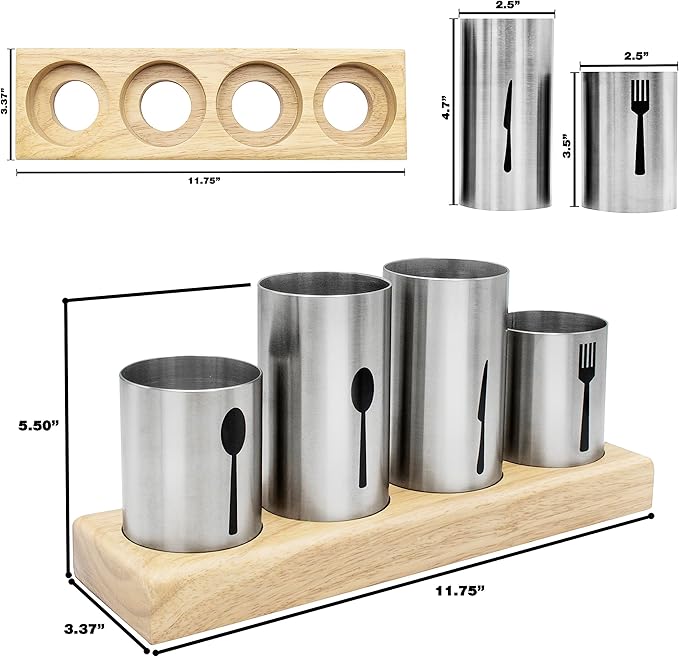 Sorbus Utensil Holder,Upright Silverware Holder with Caddy for Spoons, Knives and Forks, Entertaining,Stainless Steel Cutlery Organizer with Bamboo Wood Base